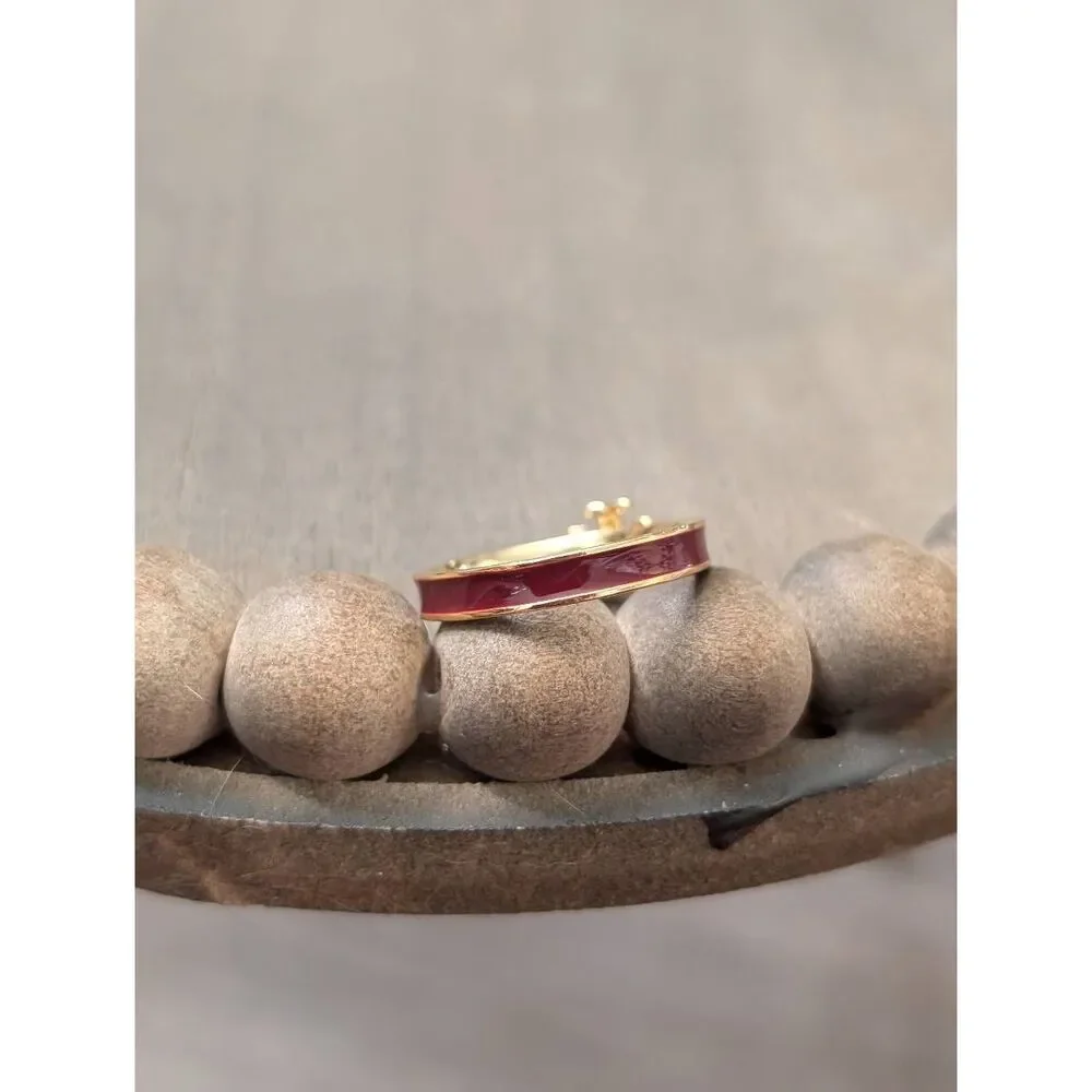 TORY BURCH Kira Maroon Enamel Double T Logo Ring Size 8